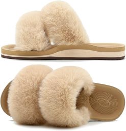 Womens Fuzzy Orthotic Slippers (Beige)